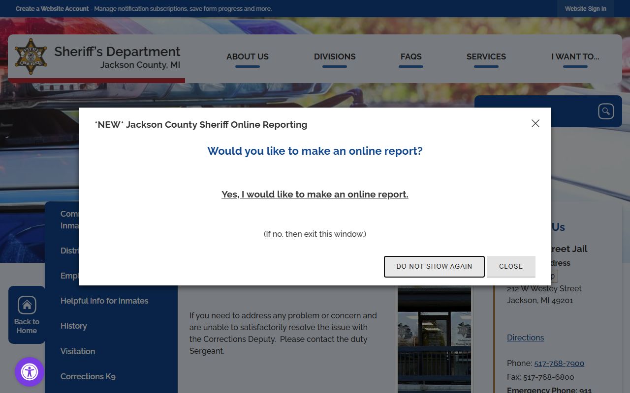 Jackson County inmate population jail information page for Wesley Street Jail and Chanter Road Jail