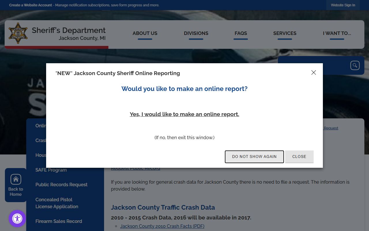 Jackson County jail mugshots public records request page for booking photos
