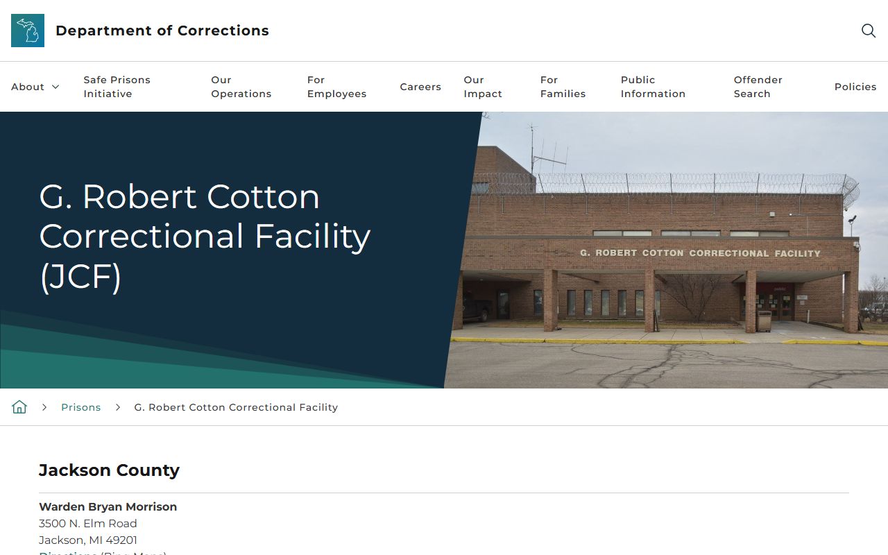 G. Robert Cotton Correctional Facility inmate search page in Jackson County Michigan
