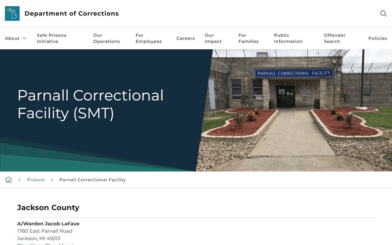 Parnall Correctional Facility custody search page in Jackson County Michigan